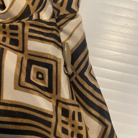 Geometric Print Dress Short Sleeve V Neck Brown Black White Mini Retro Preppy - Picture 8 of 9